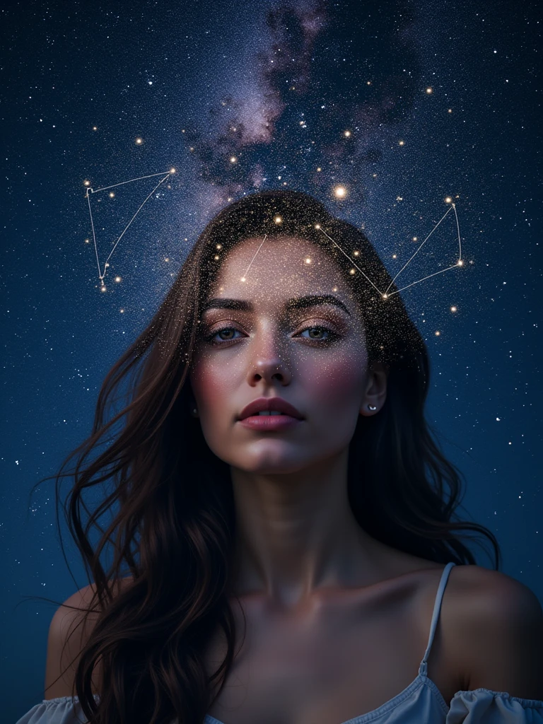 {
"prompt": "A breathtaking image of a starry night sky with countless twinkling stars. In the center of the scene, a constellation forms the portrait of a gorgeous and beautiful woman. The stars are arranged intricately to outline her graceful features, flowing hair, and serene expression. Some stars shine more brightly to emphasize her eyes, lips, and other key details, creating a stunning and ethereal effect. The background is a deep, rich navy blue with hints of purples and blacks, enhancing the luminosity of the stars. The Milky Way stretches across the sky, adding depth and a sense of cosmic wonder. The overall composition is both majestic and serene, capturing the beauty of the woman and the vastness of the universe in a harmonious blend."
}