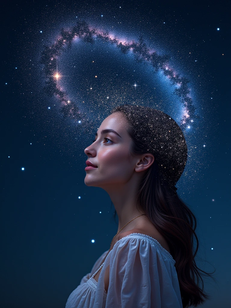 {
"prompt": "A breathtaking image of a starry night sky with countless twinkling stars. In the center of the scene, a constellation forms the portrait of a gorgeous and beautiful woman. The stars are arranged intricately to outline her graceful features, flowing hair, and serene expression. Some stars shine more brightly to emphasize her eyes, lips, and other key details, creating a stunning and ethereal effect. The background is a deep, rich navy blue with hints of purples and blacks, enhancing the luminosity of the stars. The Milky Way stretches across the sky, adding depth and a sense of cosmic wonder. The overall composition is both majestic and serene, capturing the beauty of the woman and the vastness of the universe in a harmonious blend."
}