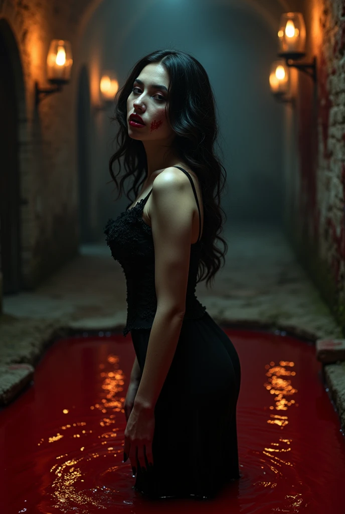 A vampire woman standing sideways in a pool of blood, looking directly forward with an expression of despair as she wipes her mouth which is also covered in blood.