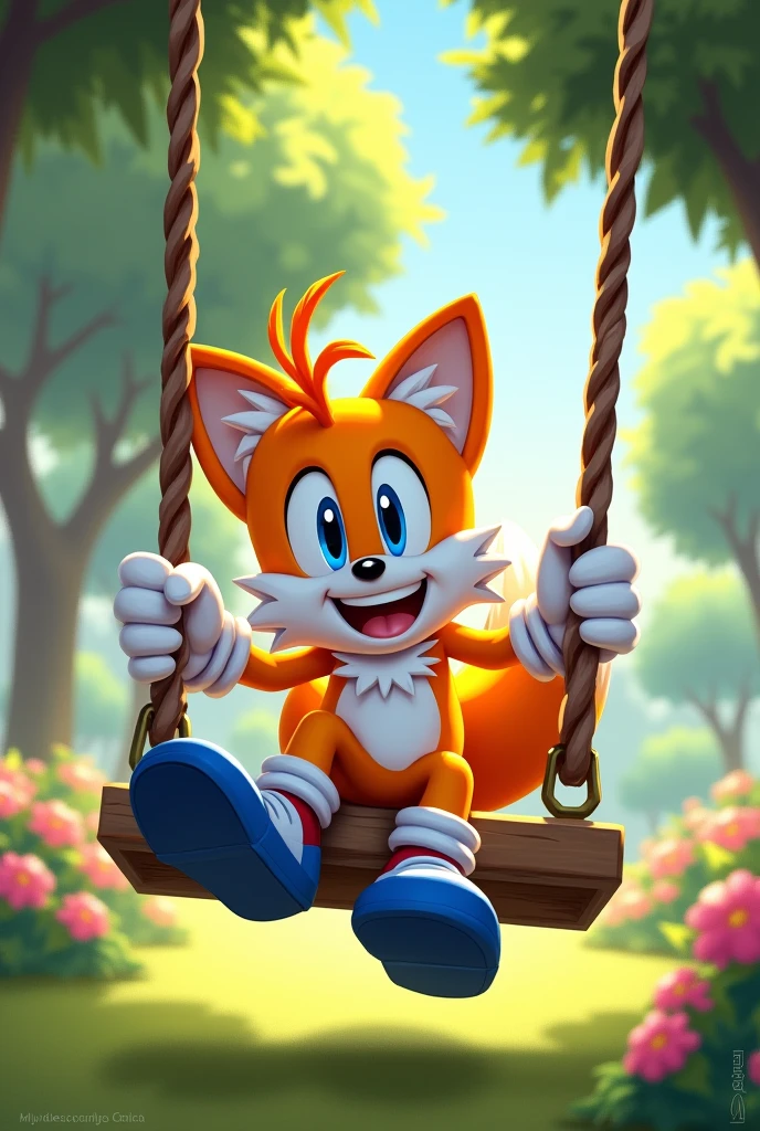 Tails Prower, Miles Prower, solo, looking at viewer, smile, 1boy, sitting on a swing full body, 2d animation with his shoes and gloves on