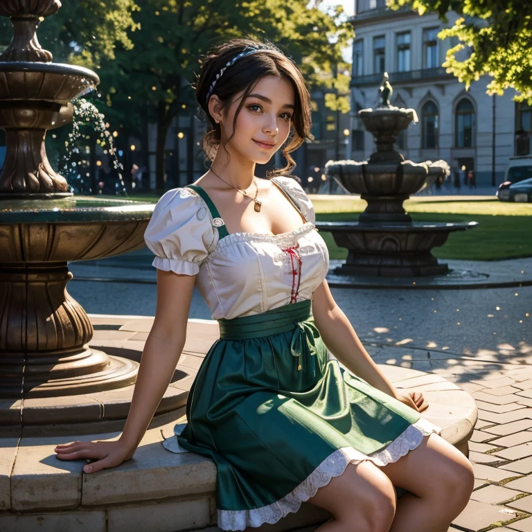 (​masterpiece, best quality:1.5), highest quality, High resolution, super detailed, Realists, Upper body photo of a boy transformed into a 16-year-old black-haired girl, detailed and beautiful eyes, beautiful detailed lips, very detailed eyes and face, longeyelashes, A 16-year-old girl in a beautiful short shiny satin Dirndl, Details in the dress fabric, Beautiful and colorful makeup, elegant and noble々Pose, hairband, ponytail hairstyle, Munich as a backdrop, bright daylight, bright colors, fine brushstrokes, Portrait style, beautiful color palette, glowing skin, First-class rendering, that captures every detail, enchanting atmosphere, (perfect anatomy:1.2), (The stunning girl is wearing a beautiful short silver Dirndl. smiling in love and full of joy for the festival, nice legs. She sits on the fountain and presents, happy. A boy throws a coin into the fountain and wishes to be a girl, and his wish comes true. He transforms into a young girl in a beautiful Dirndl and is happy with flushed cheeks when he sees his friend. Around the , magic sparkled.   (magnificent panorama view:1.2)