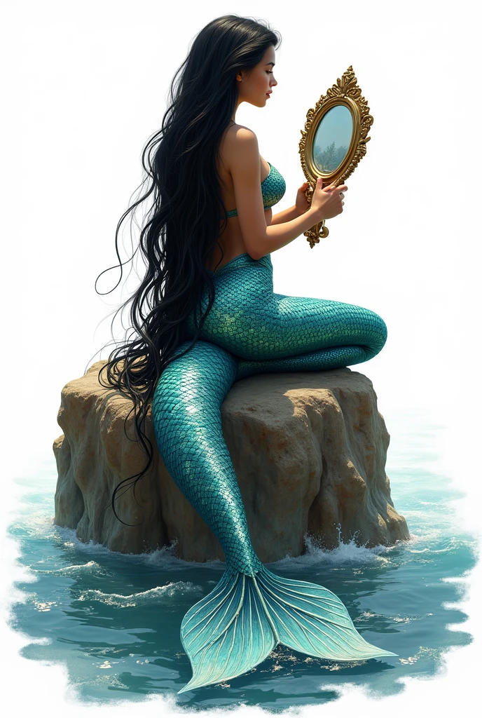 Mermaid with long black hair, sitting on a rock with a mirror in her hand, white background.