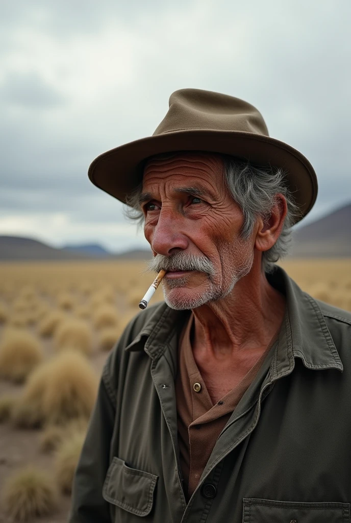 A 57 year old man,smoker,wiry hair , he has yellow teeth,mustache,pessimist,he wears worker's clothes, and a hat .In the background a pampa looking ahead smoking is poor
