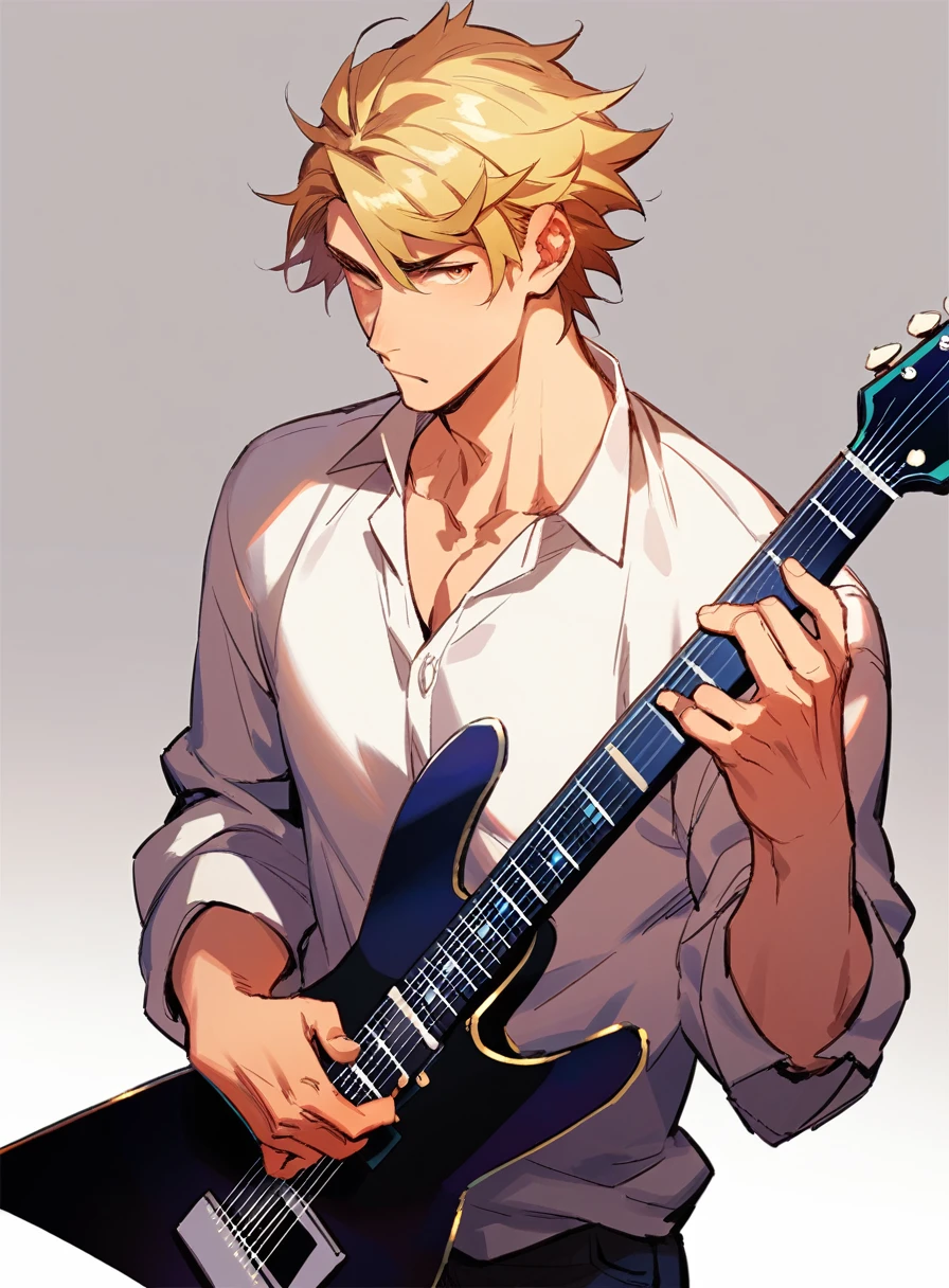 Muscular man, but not too much, blonde with an aesthetic hairstyle wearing a loose shirt playing an electric guitar 