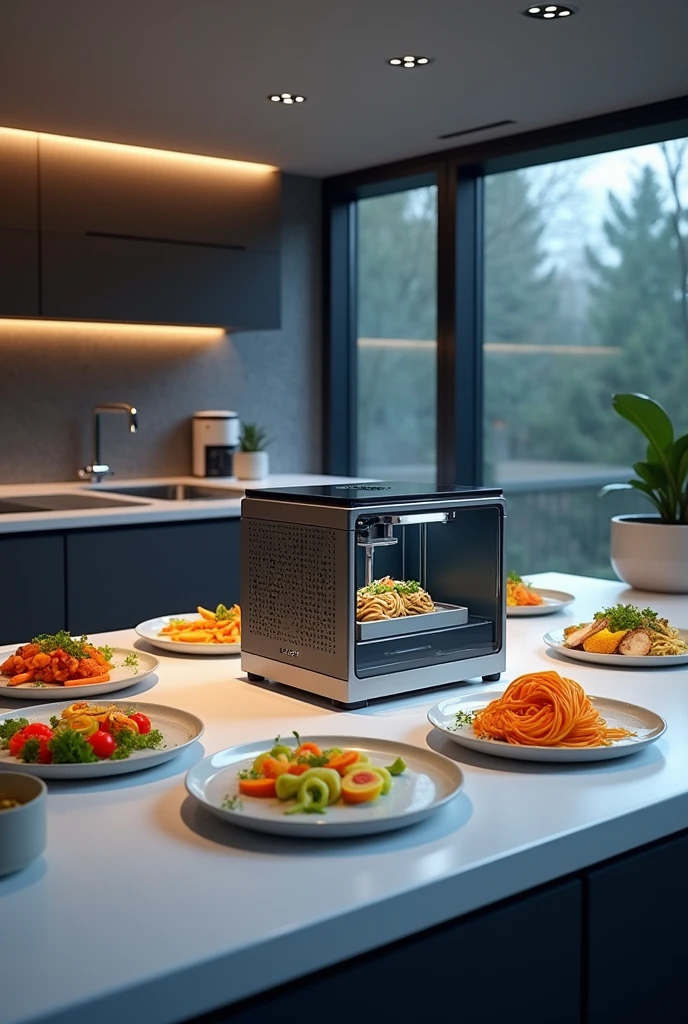 A futuristic image of a high-tech kitchen, with a 3D printer at the center, or a collage of different 3D printed foods, highlighting diversity and innovation.