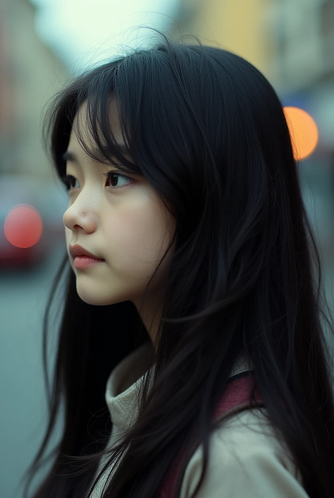 profile picture of a 16 year old girl, with black hair and fair skin, that her face is not very visible and that the image quality is not good