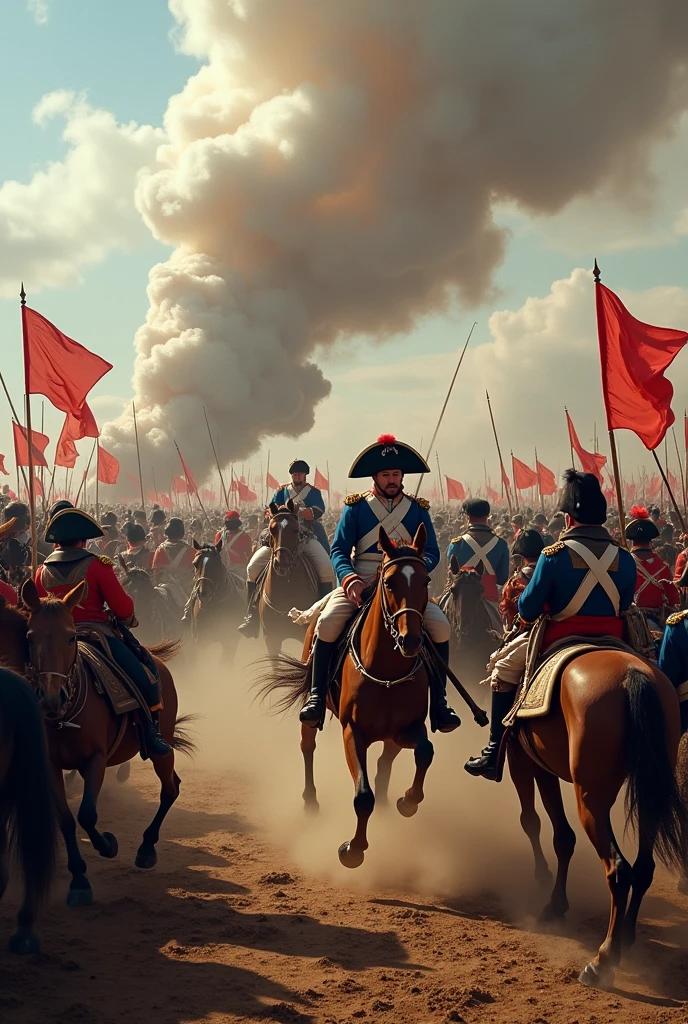 "A realistic depiction of the Battle of Waterloo in 1815. The scene should show accurate details of the battle, such as soldiers wearing historical uniforms, cannons, and horses in action. Add realistic details such as dust, smoke, and soldiers' fatigue. In the background, make Napoleon Bonaparte look like a commander in action. tension, focusing on natural lighting and shadows to enhance the realism of the image.”