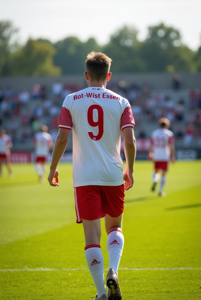 A 17 year old football player training at a training camp ,Wearing a white and red jersey,Number 9, The jersey says Rot-Weiss Essen , photographed from behind