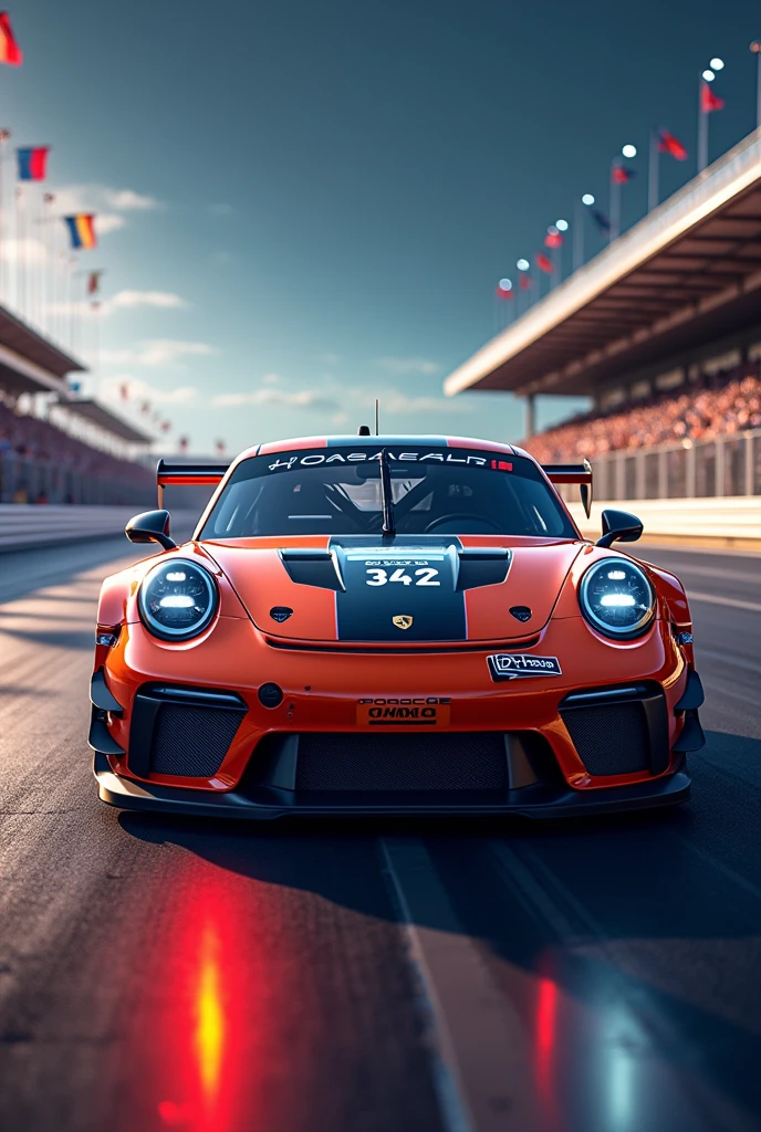 Ultra detailed Porsche Racing car, photo finish, best quality, (masterpiece:1.2), high quality, absurdres, highres, hyper detailed, RAW, detailed background, depth of field,