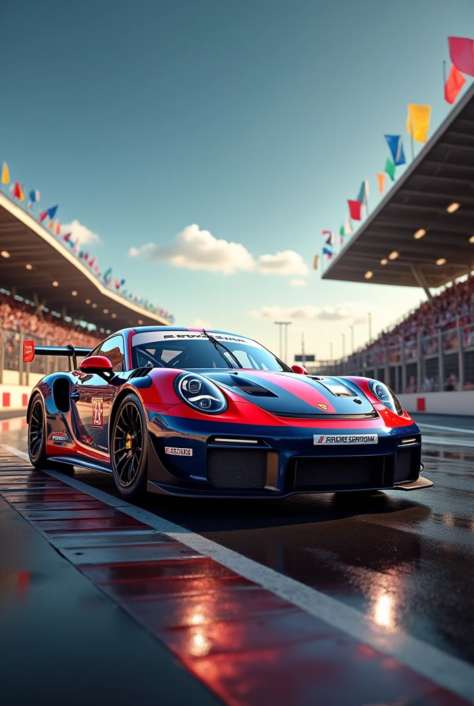 Ultra detailed Porsche Racing car, photo finish, best quality, (masterpiece:1.2), high quality, absurdres, highres, hyper detailed, RAW, detailed background, depth of field,