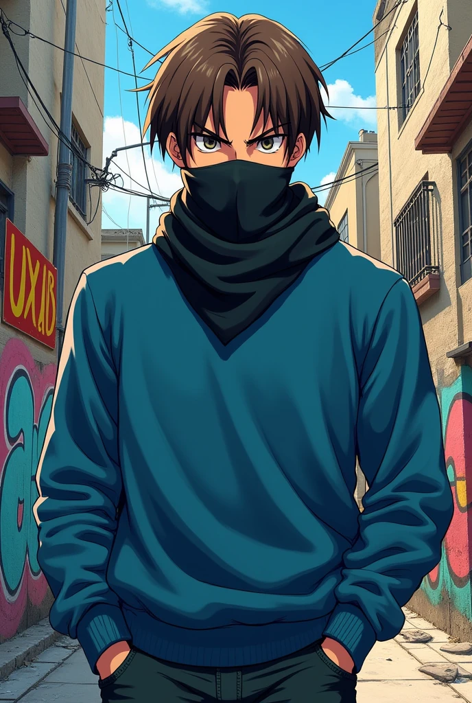 Anime character with a bandana covering their mouth,
With a parted hairstyle, medium-length brown hair, the character must be male. The bandana is black and should be somewhat tight. Apparently, he is 18 years old, wearing a blue sweater.