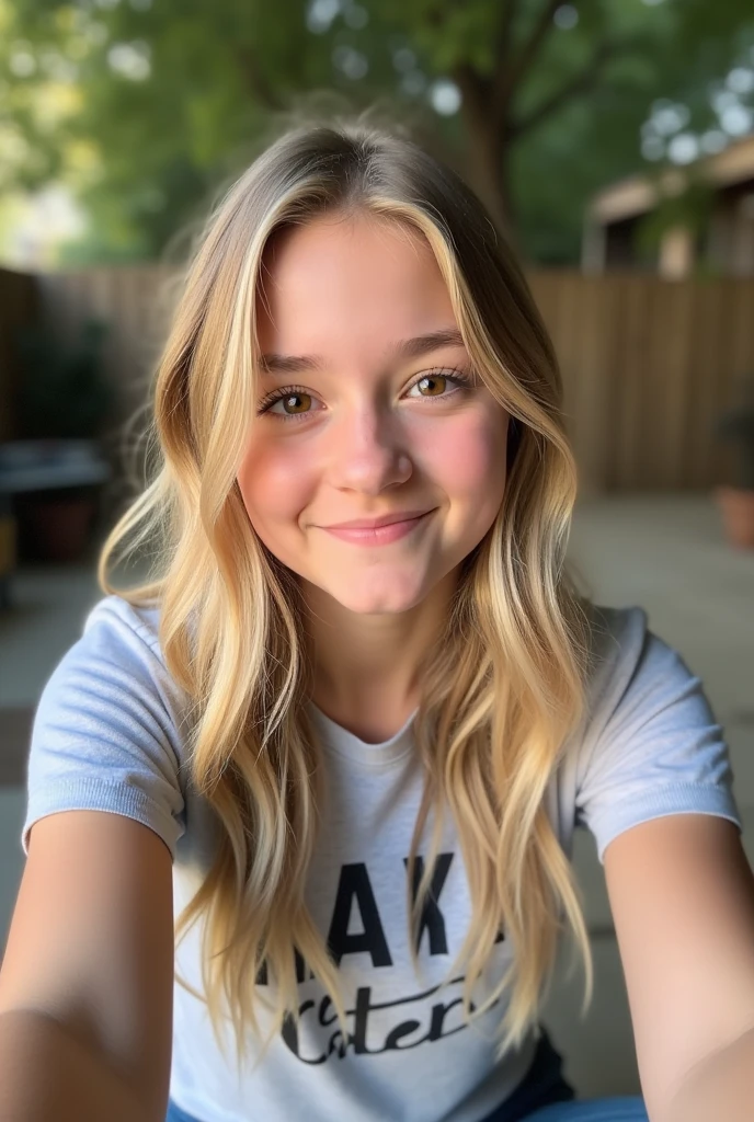create 17 year old, average looking blonde, brown eyes, looking directly into camera, upper body selfie, wearing casual clothes, side view