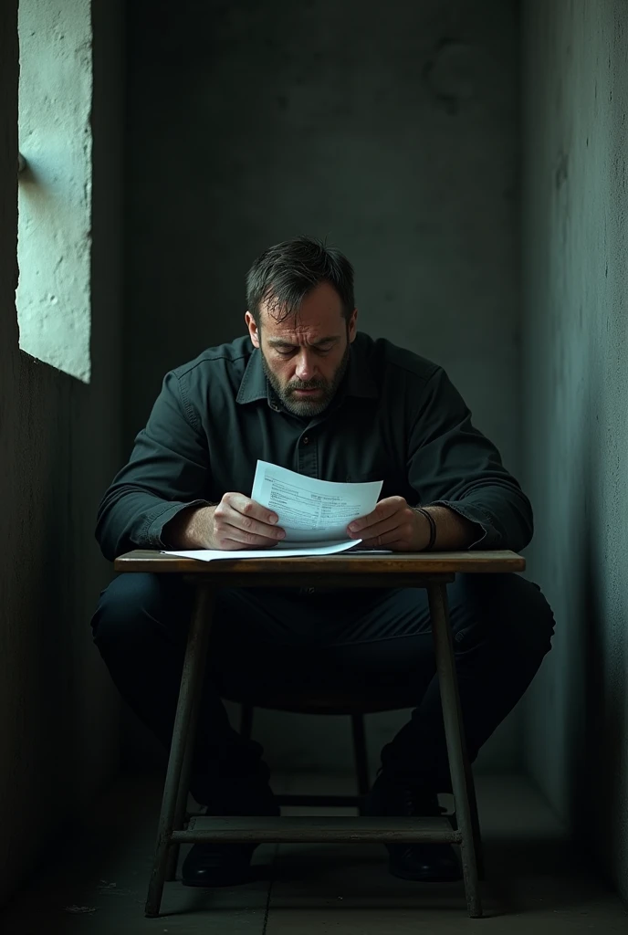 a man looking at bills to pay, expression of crying face, in a prison environment, highy detailed, cinematic lighting, dramatic composition, photorrealistic, 8k, rewarded photography, temperamental core palette, chiaroscuro lighting. Dinner of sorrows
