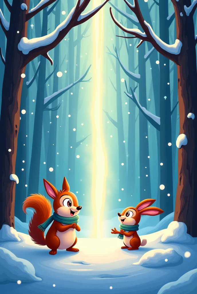 A flash illuminates the forest ,harsh winter, cartoons