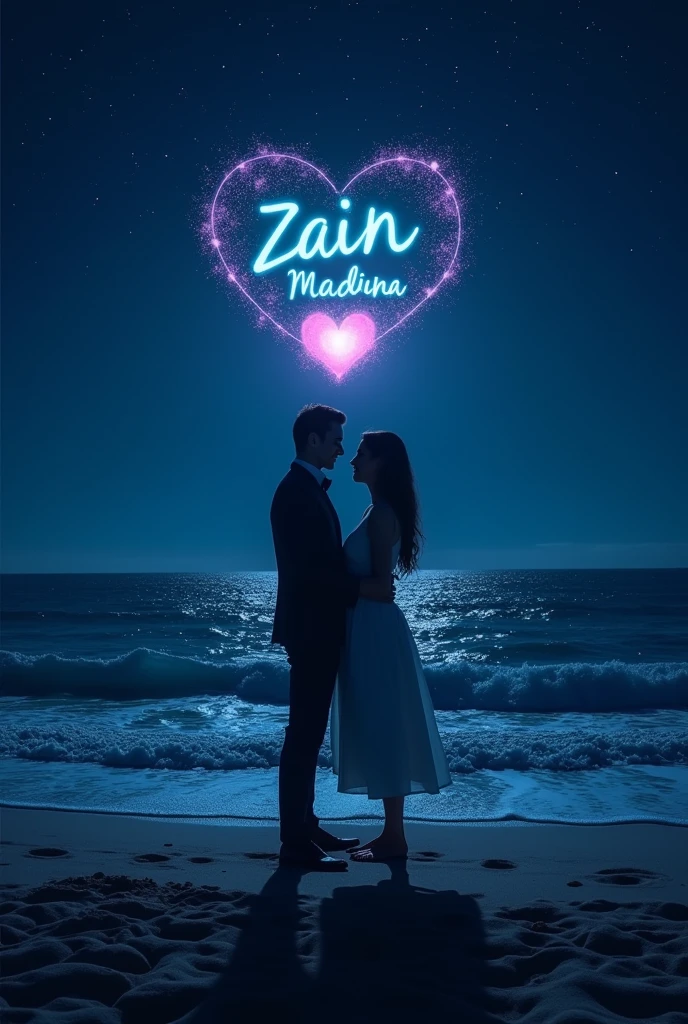 Generate realistic image enchanting scene of a moonlit beach with two silhouettes sharing a tender moment under a heart-shaped constellation with neon glowing two names 'Zain' and 'Madina' and a heart between them.