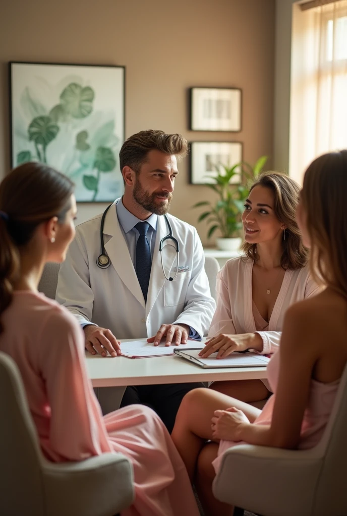 Make a picture of a sexy MALE doctor with curls and beard (Afro style but not so voluminous) serving several sexy female patients in his office, side perspective