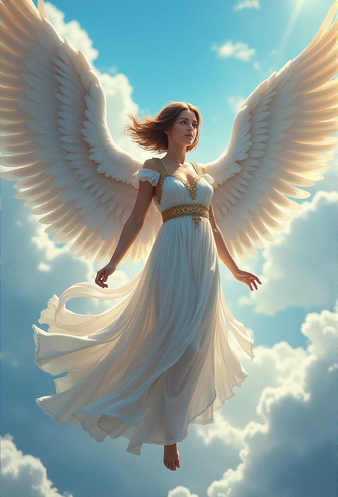 Best Quality, Masterpiece, Super High Resolution, Detailed background, Realism, Illustrations, 1girl, short flowing hair, wearing upper class roman inspired dress, looking down at the viewer while flying with wings,