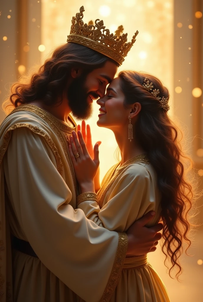 I would like a picture, Embraced by Jesus, I am evangelical, so my clothing needs to be appropriate and beautiful, as if I were the apple of God's eye, and Jesus with his fabulous clothing, with his crown, with my hands on my face, I have long curly hair, black and a little brown, my smile is not crooked, he's handsome, my eyes are dark brown, I don't have pierced ears for earrings, My nose is not that thin and it is not that wide either., in the background create a place out of the ordinary, an encounter with Him only, Brightness and Light, e escrito te amo minha Mila ❤️