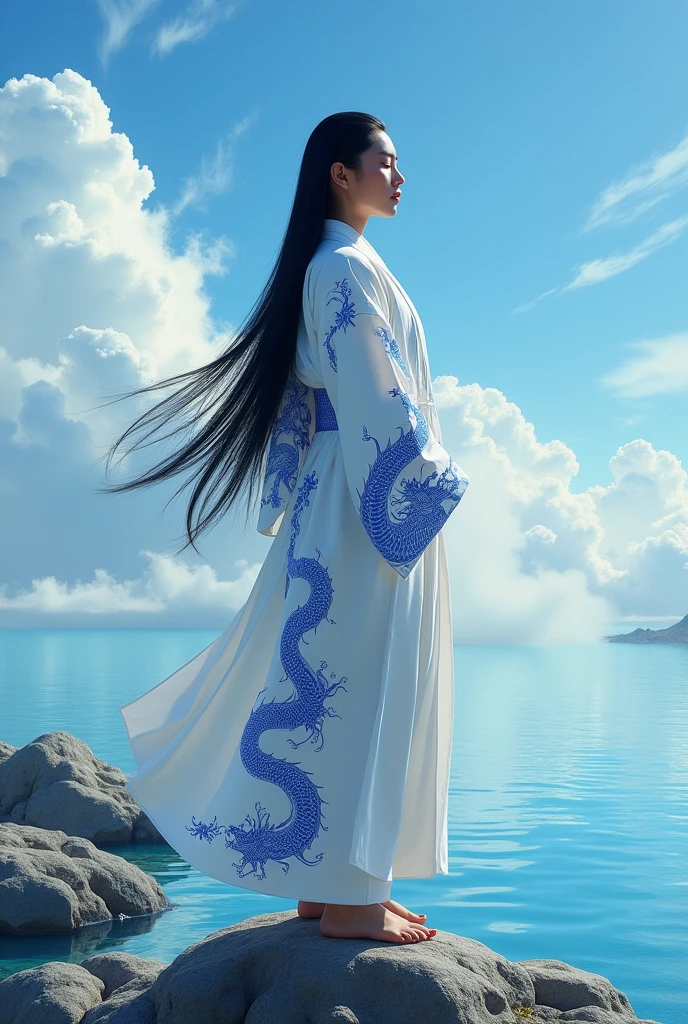 A Japanese man with long straight black hair dressed in a white kimono with blue Chinese dragons on top of a rock with water and a blue sky (he with his body forward in the image, his eyes closed and a rounder face)