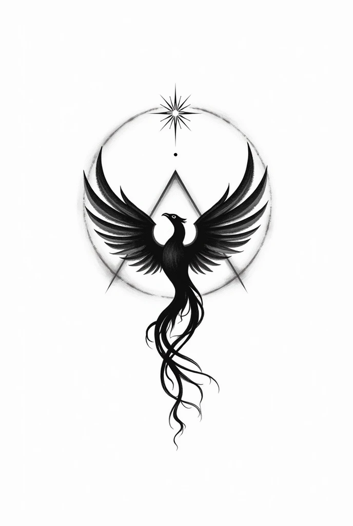 Add a spiral , a triangle of fire that includes the phoenix and a little sparkle above the head, turn it into tattoo art in black and white . I need it to be minimalistic, and vector style