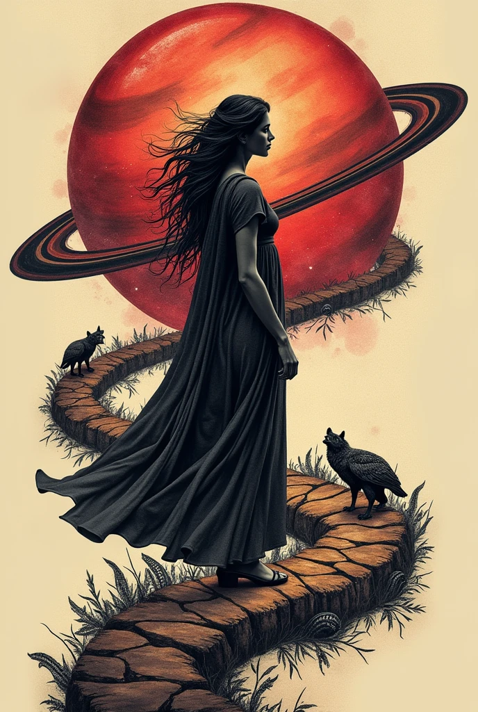 a tattoo with black and red of the mother on a path and a background with Saturn (Everything that looks like an animal tattoo)