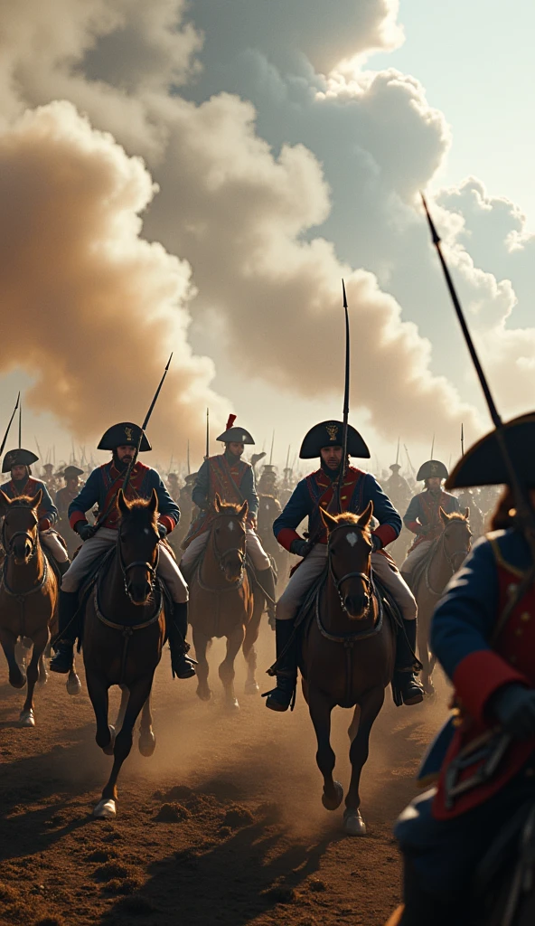 "A realistic depiction of the Battle of Waterloo in 1815. The scene should show accurate details of the battle, such as soldiers wearing historical uniforms, cannons, and horses in action. Add realistic details such as dust, smoke, and soldiers' fatigue. In the background, make Napoleon Bonaparte look like a commander in action. tension, focusing on natural lighting and shadows to enhance the realism of the image.”