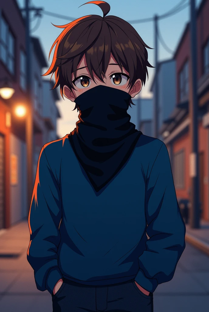 Anime character with a bandana covering their mouth,
With a parted hairstyle, medium-length brown hair, the character must be male. The bandana is black and should be somewhat tight. Apparently, he is 18 years old, wearing a blue sweater.