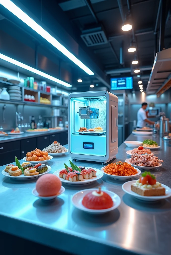 A futuristic image of a high-tech restaurant kitchen, with a 3D printer at the center, or a collage of different 3D printed foods, highlighting diversity and innovation.