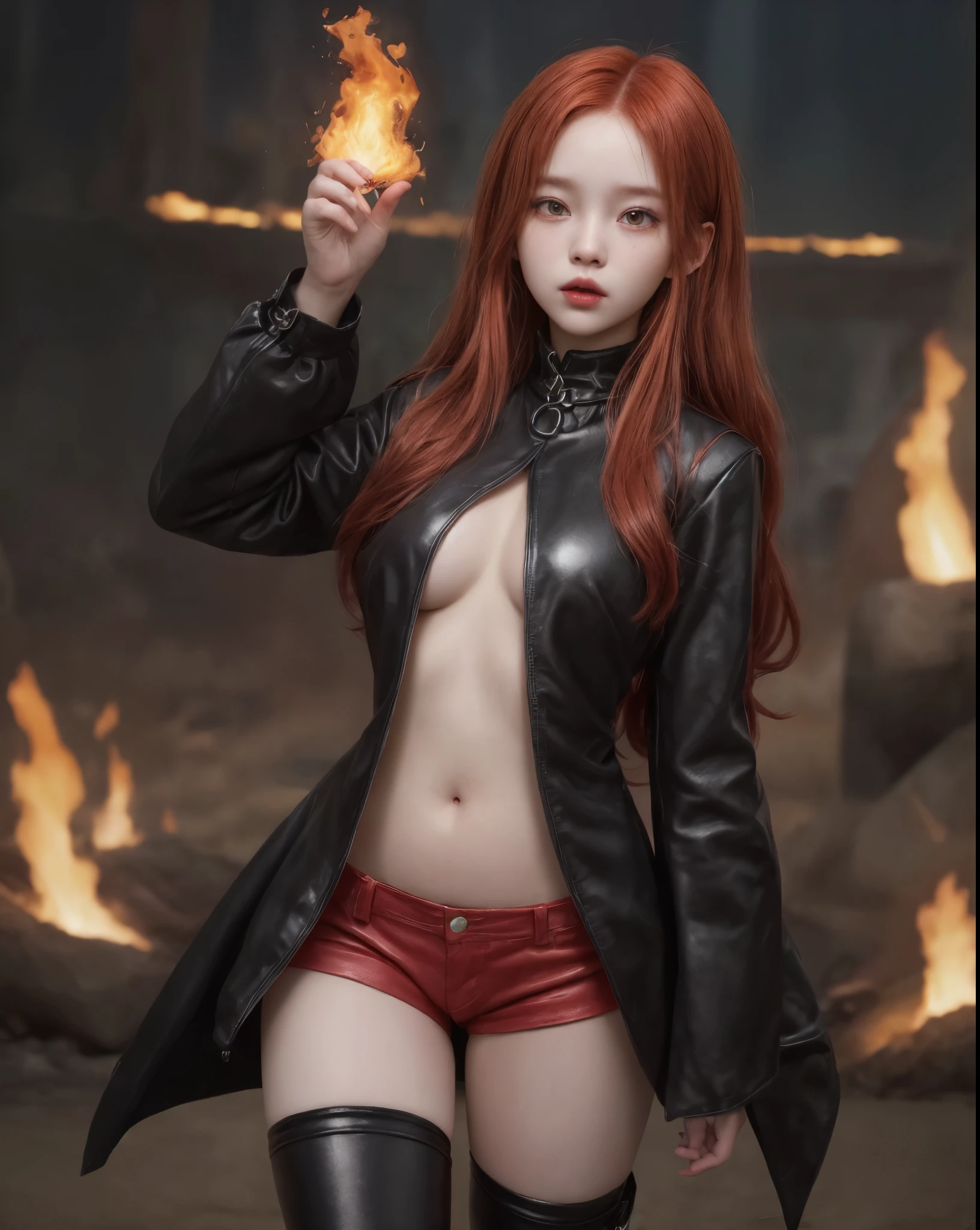 young girl, kim chaewon as a sexy young girl, full body view, fullbody, full body, kim chaewon is a girl, 1girl, fantasy gothic city background, kim chaewon, girl, small breast, figure, long red hair, red eyes, face front, tight fantasy outfit, belly exposed, legs exposed, leather shorts, emotional face, make up, masterpiece, best quality, female sorcerer, fire power, fire around her, create fire from hands