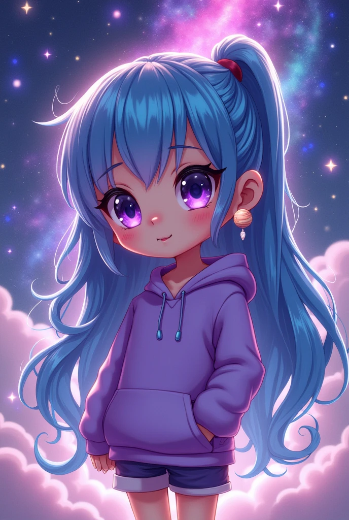 Create a picture of a cute one with bright purple eyes, and her galaxy-inspired hair, he wears an earring in the shape of the planet Jupiter, and he also wears a purple sweatshirt with short shorts