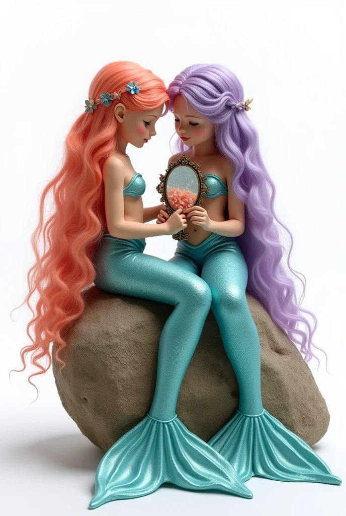 Long-haired mermaid children, sitting on a rock with a mirror in their hand, white background.