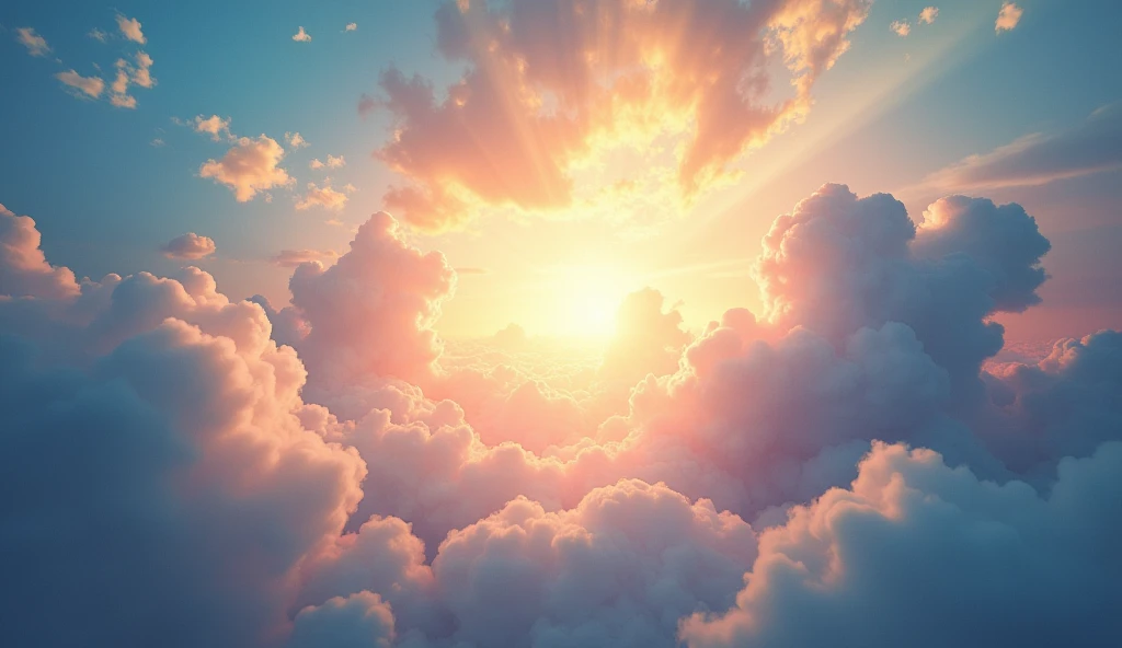 A breathtaking scene depicting a newly created, celestial sky filled with vibrant, radiant colors. The sky is adorned with ethereal hues of gold, blue, and pink, creating a serene and peaceful atmosphere. Shimmering, celestial clouds float gently, and the sky is illuminated by a divine, soothing light. The overall environment exudes tranquility and purity, reflecting the promises of peace and renewal from the biblical vision of the new heaven. The scene is designed to evoke a sense of awe and celestial beauty, symbolizing a perfect and harmonious existence.