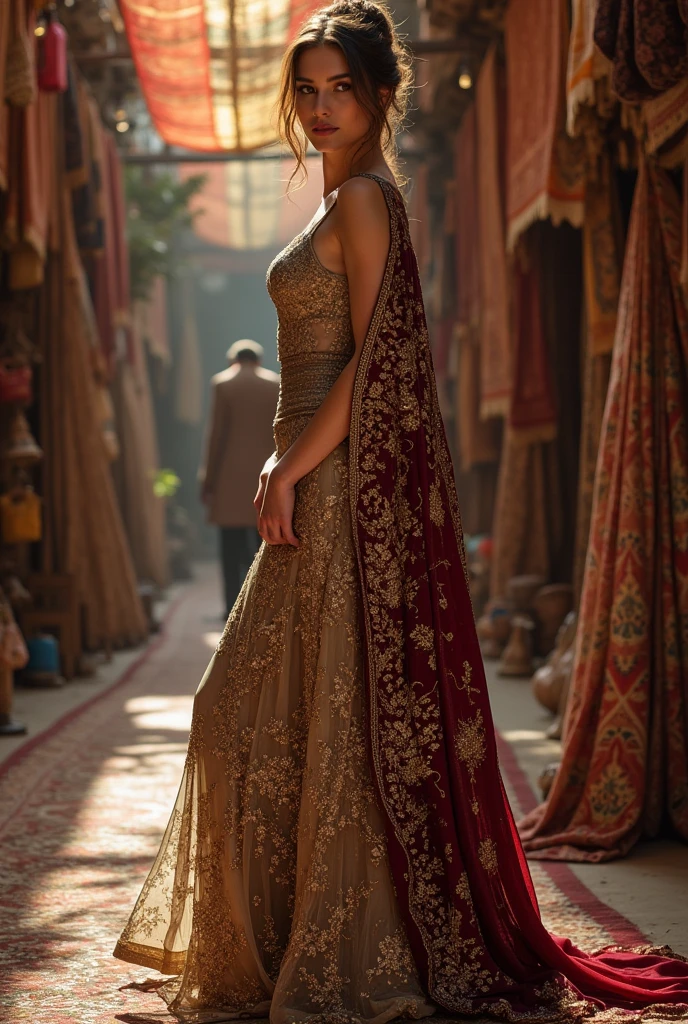 a woman with a wide mantle of Mosul fabric,and silk sown with gold sequins and brocade lining.(Whole body)