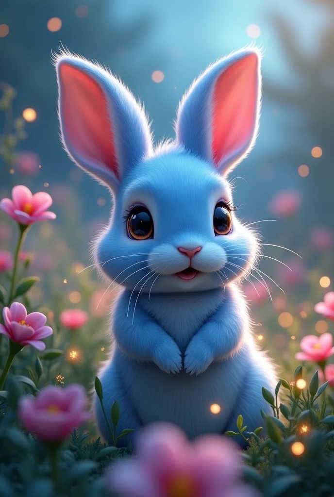 (translation:1.25), ((blue rabbit)),translation,cute, a bit, baby, beautiful, Fantasy art, Deviant art, Trending Art Station, Digital Art, detailed, Realistic, Real rabbit, small,Cinematic shots,Cinematic portrait of rabbit,