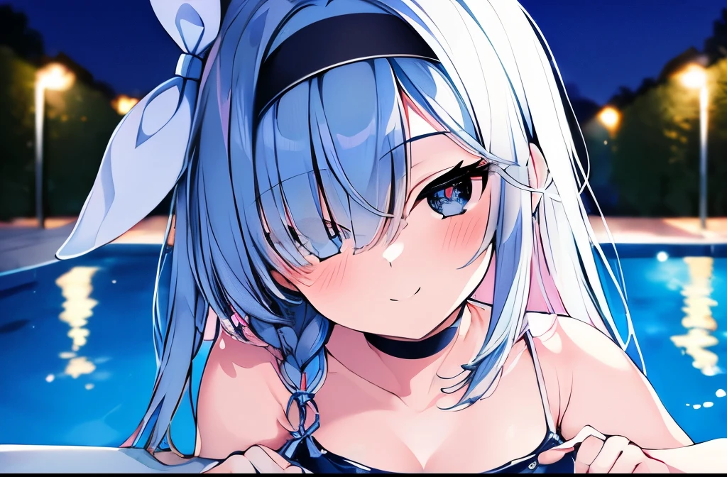 ((masterpiece)), ((best quality)), (ultra-detailed), pool, night, a cute girl, 1girl, solo, bikini, ((beautiful eyes)), smile