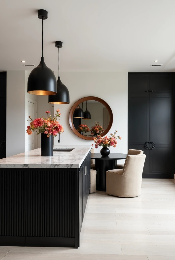Create a sleek and modern kitchen and dining area with a minimalist design. The space features a large, black kitchen island with a fluted front, paired with matching black cabinets that contrast beautifully with the light walls and floors. The countertops are a light marble with subtle veining, adding a touch of elegance. Above the island, contemporary black pendant lights provide focused illumination, while recessed lighting throughout the room ensures a bright and welcoming atmosphere.

The dining area, adjacent to the kitchen, includes a round black dining table surrounded by plush, beige upholstered chairs, offering comfort and style. A large, round mirror with a wooden frame is mounted on the wall, reflecting the light and making the space feel more open. The decor is kept simple, with a modern black vase holding a bouquet of flowers as the centerpiece on the dining table. The overall design is a harmonious blend of dark and light elements, creating a space that is both stylish and inviting.ense of warmth and sophistication, blending rustic and contemporary styles effortlessly.