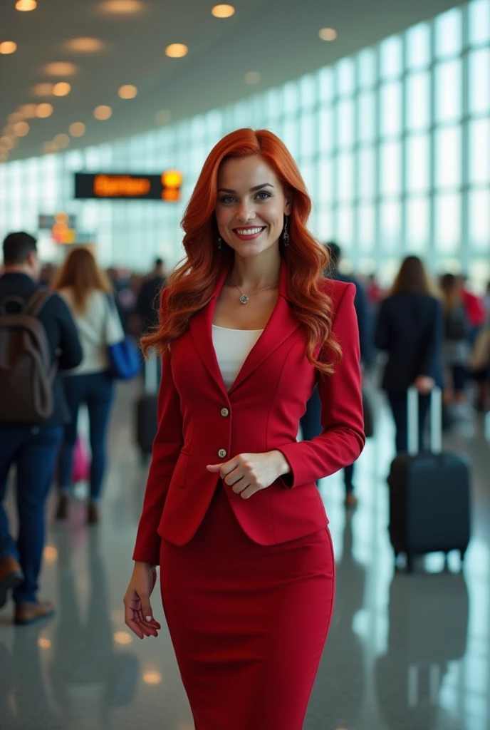 Create a very sexy stewardess with medium breasts and a big butt, redhead, that looks friendly and helpful, 28 year old Caucasian 