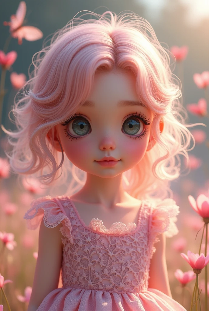 a beautiful young girl, detailed face, beautiful detailed eyes, beautiful detailed lips, long eyelashes, cute expression, pink hair, pastel colors, soft lighting, detailed clothing, lace dress, delicate, whimsical, fantasy, 4k, high resolution, detailed, photorealistic, masterpiece