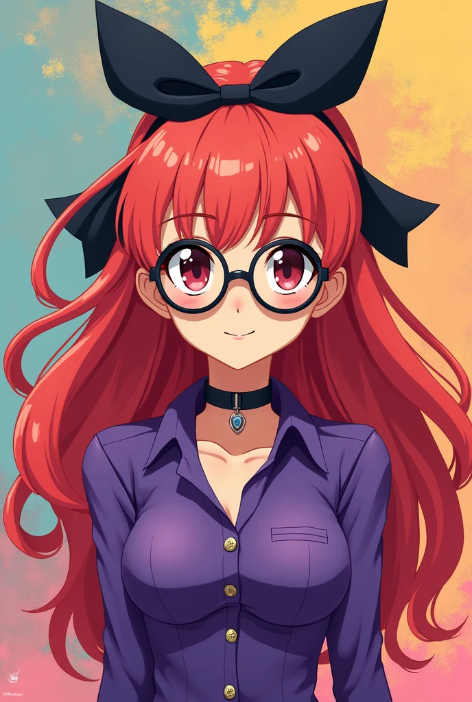 artist: timbougami, style: flat-pasto, character: marie rose, 1girl, solo, looking at viewer, grin, parted lips, round eyewear, breasts, purple shirt, black ribbon, beautiful color, best quality, highres, dead or alive, bespectacled, buttons, choker