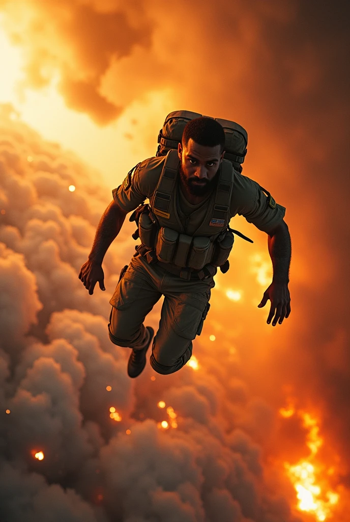 A vibrant image of a Brazilian Air Force soldier, a black bearded man, parachuting from an exploding airplane.