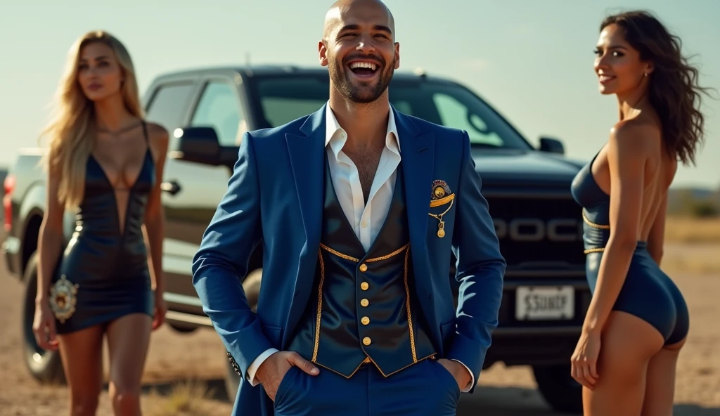 A young, laughing magician, CHARMING and BALD, blue formal dress with gold, with jewelry and dollars coming out of his pocket, is standing confidently. Next to you, two stunning women, dressed in sophisticated and minimalist clothes, Super sexy, both looking at the man on either side, representing wealth and attraction, showing their entire bodies down to their high heeled feet. In the background, a large pickup truck, of high standard, With a Porsche on top of the truck, they are highlighted, highlighting a life of wealth and luxury. The scene captures the essence of magical opulence and financial success., with each element emphasizing ultra-royal wealth and prestige, money, wealth, might, dollars, gold