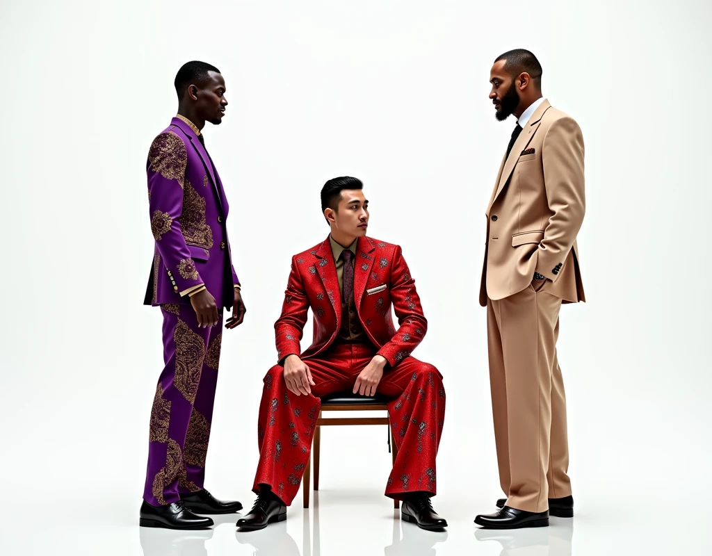 black guy wearing purple suit with african colorfull patterns standing side profile and looking back to the viewer , ((korean guy)) wearing red suit with chinese colorfull patterns sitting , ((turkish guy)) wearing beige suit with arabic colorfull patterns standing , cinematic ,((posing different poses)) white background , photo shooting ,models ,full body , oversize pants