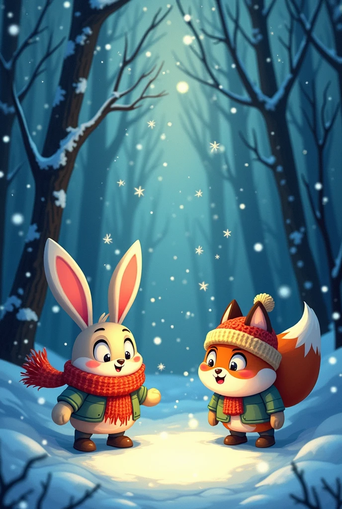 A flash illuminates the forest ,harsh winter, cartoons 