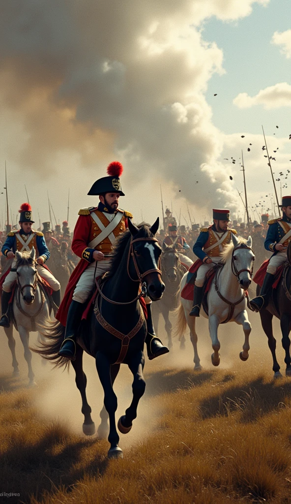"A realistic depiction of the Battle of Waterloo in 1815. The scene should show accurate details of the battle, such as soldiers wearing historical uniforms, cannons, and horses in action. Add realistic details such as dust, smoke, and soldiers' fatigue. In the background, make Napoleon Bonaparte look like a commander in action. tension, focusing on natural lighting and shadows to enhance the realism of the image.”8k