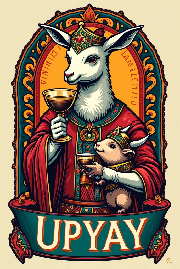 Create a logo for a bar.
Inspired by a Peruvian vicuña drinking whiskey and toasting like Vikings with a Peruvian guinea pig. It includes Inca designs from the Peruvian highlands and is extravagant and youthful..
Includes the Upyay name of the bar.
