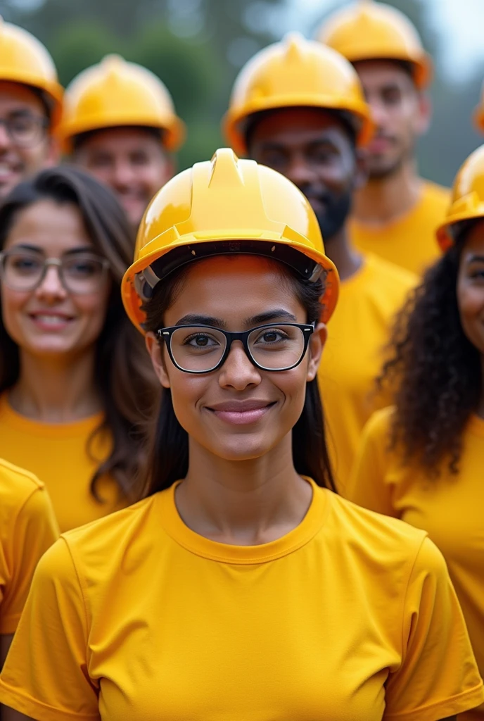 Would want them to have hard hats and yellow shirts. Would like more heads if possible showing a big group of workers. They should have glasses and hard hats as well. Maybe four or five different heads, no background