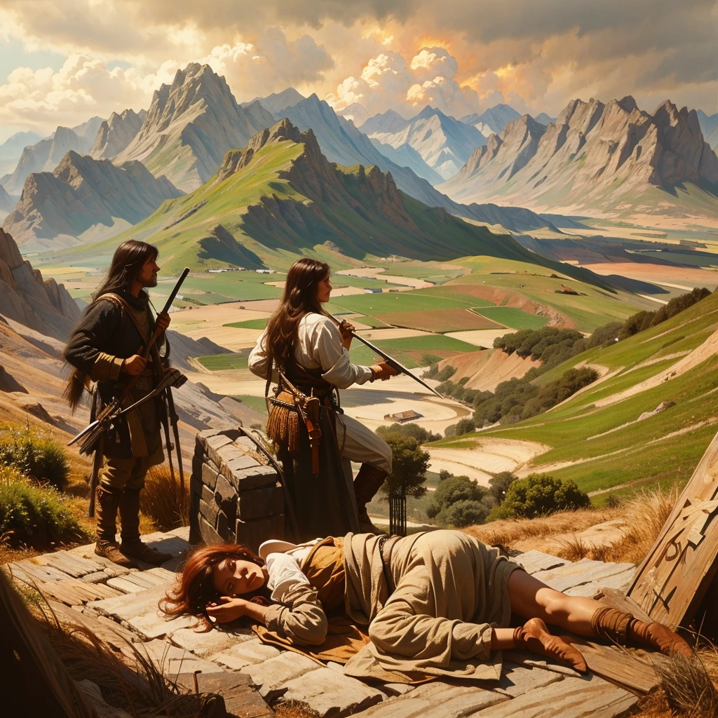 A group of peasants working in the fields amid the Black Death pandemic, characters visibly exhausted and distressed, description of the impact of labor shortages, late 14th century, simple peasant clothing, rural landscape with fields and a distant village, peasants working despite illness, background showing fields and a small village, medium shot, hyper-realistic, photo realism, masterpiece, best quality, extremely detailed, cinematic lightning, intricate detail, high resolution, official art, high resolution illustration, 8K, depth of field, cinematography --ar9:16