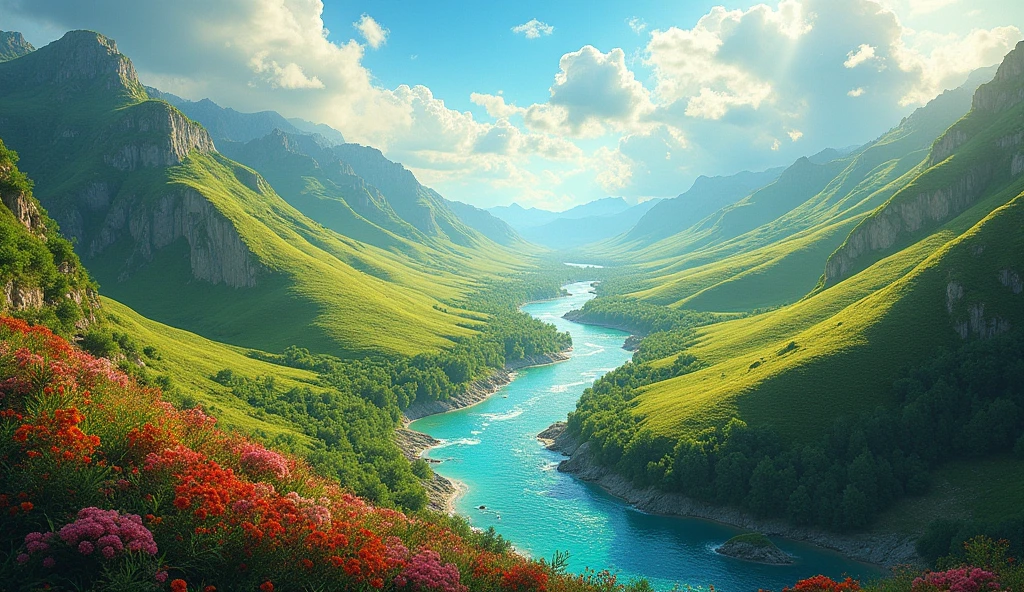 A magnificent depiction of a newly created Earth, showcasing a landscape of unparalleled beauty and harmony. The terrain is lush and vibrant, with rolling green hills, crystal-clear rivers, and abundant, colorful flora. The environment is pristine, with no signs of decay or pollution, reflecting a restored and perfect world. Gentle sunlight bathes the landscape in a warm, golden glow, and the atmosphere is filled with tranquility and serenity. This new Earth, as envisioned in the biblical prophecy, represents a place of eternal peace, renewal, and divine beauty.