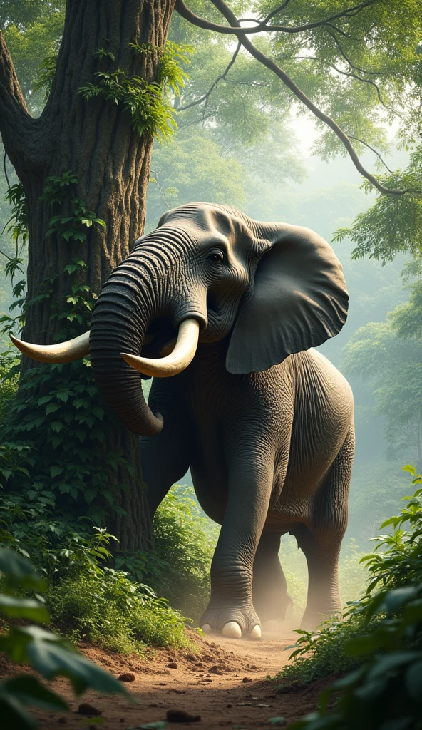 An elephant knocking down a tree