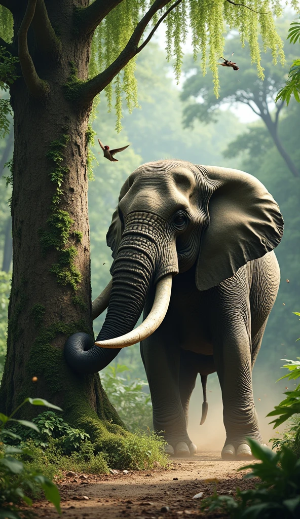 An elephant knocking down a tree
